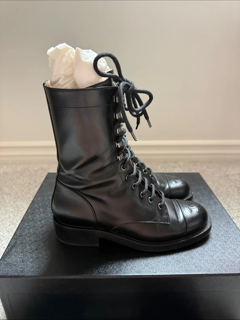Chanel 19A Black Leather Lace Up Combat Boots 38.5